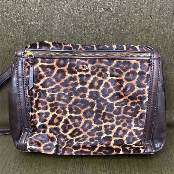 Diane Von Furstenberg Brown and Gold Shoulder Bag with Leopard Print Calf Hair - Picture 3 of 16